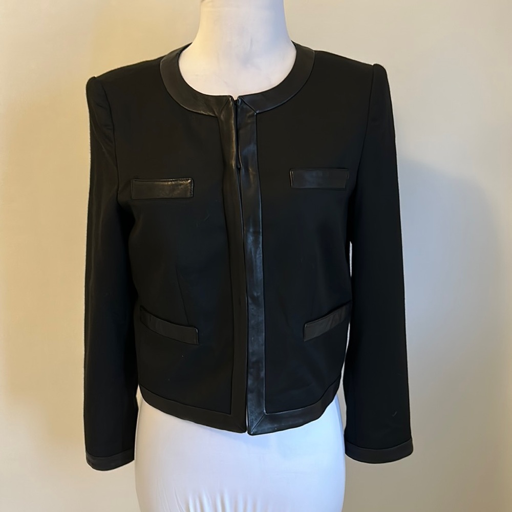 Alice + Olivia Employed Black Lamb Leather Trim Jacket Blazer